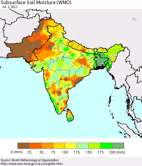 Southern Asia Subsurface Soil Moisture (WMO) Thematic Map For 6/26/2023 - 7/2/2023