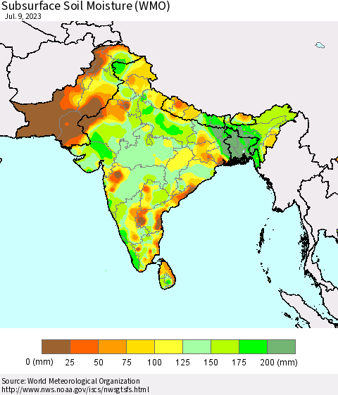 Southern Asia Subsurface Soil Moisture (WMO) Thematic Map For 7/3/2023 - 7/9/2023
