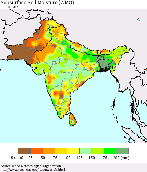Southern Asia Subsurface Soil Moisture (WMO) Thematic Map For 7/10/2023 - 7/16/2023