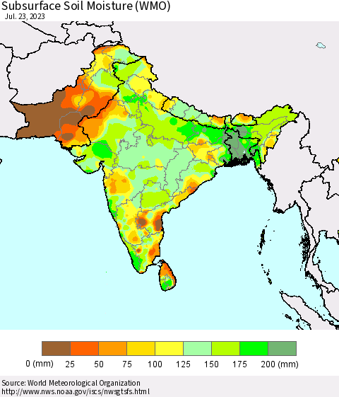Southern Asia Subsurface Soil Moisture (WMO) Thematic Map For 7/17/2023 - 7/23/2023