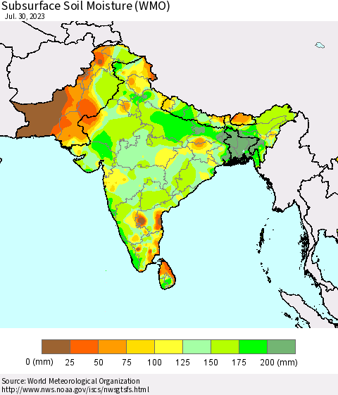 Southern Asia Subsurface Soil Moisture (WMO) Thematic Map For 7/24/2023 - 7/30/2023