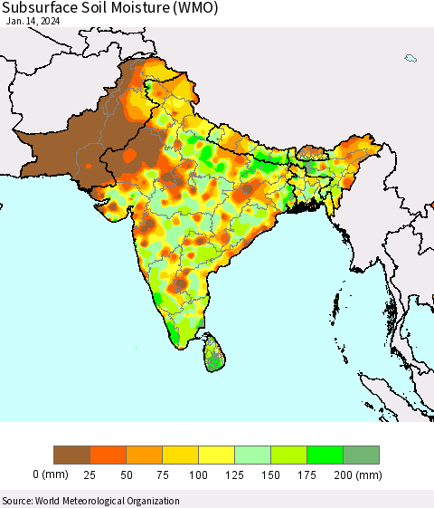 Southern Asia Subsurface Soil Moisture (WMO) Thematic Map For 1/8/2024 - 1/14/2024