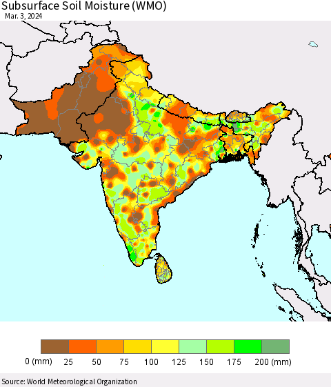 Southern Asia Subsurface Soil Moisture (WMO) Thematic Map For 2/26/2024 - 3/3/2024