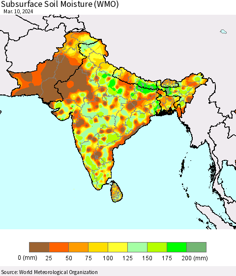 Southern Asia Subsurface Soil Moisture (WMO) Thematic Map For 3/4/2024 - 3/10/2024