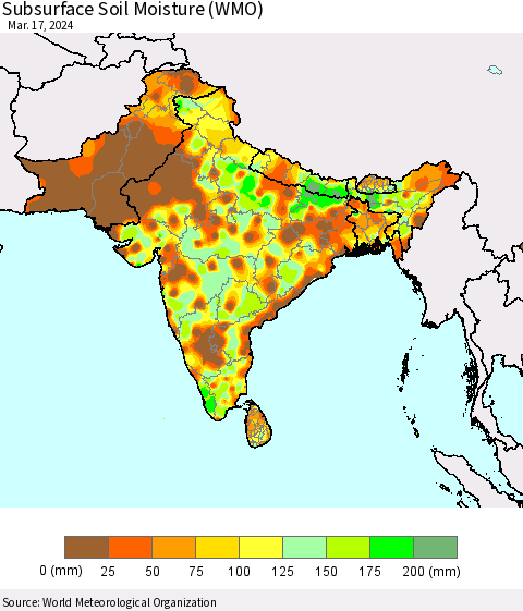 Southern Asia Subsurface Soil Moisture (WMO) Thematic Map For 3/11/2024 - 3/17/2024