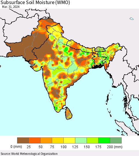 Southern Asia Subsurface Soil Moisture (WMO) Thematic Map For 3/25/2024 - 3/31/2024