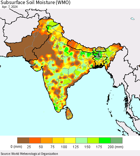 Southern Asia Subsurface Soil Moisture (WMO) Thematic Map For 4/1/2024 - 4/7/2024