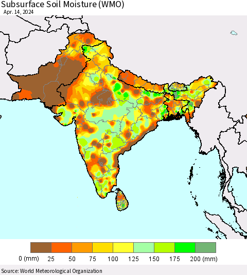 Southern Asia Subsurface Soil Moisture (WMO) Thematic Map For 4/8/2024 - 4/14/2024