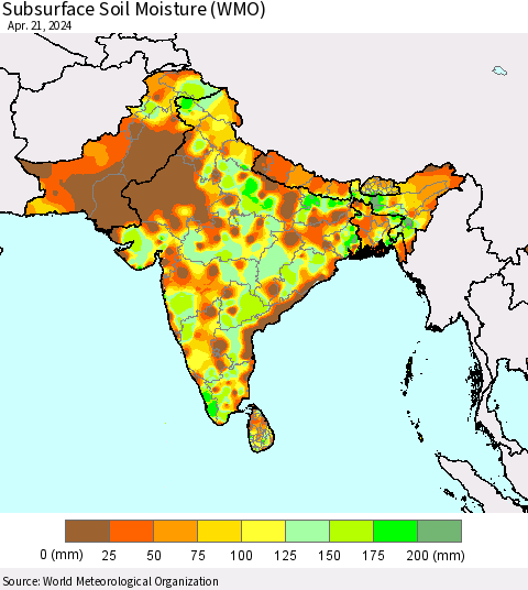 Southern Asia Subsurface Soil Moisture (WMO) Thematic Map For 4/15/2024 - 4/21/2024