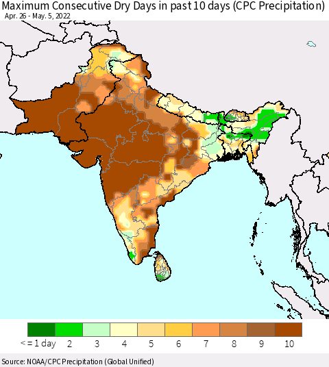 Southern Asia Maximum Consecutive Dry Days in past 10 days (CPC Precipitation) Thematic Map For 5/1/2022 - 5/5/2022
