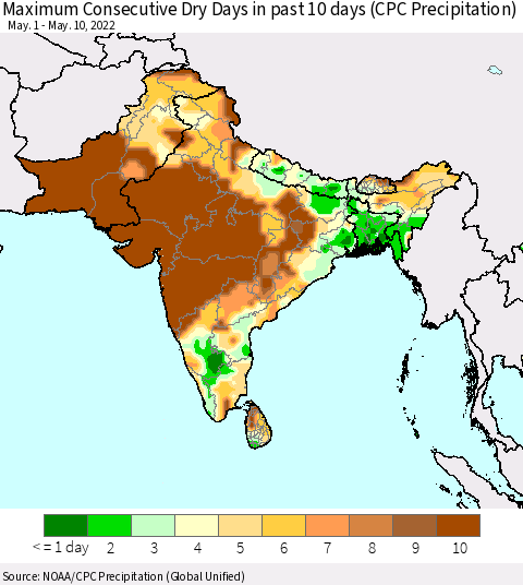 Southern Asia Maximum Consecutive Dry Days in past 10 days (CPC Precipitation) Thematic Map For 5/6/2022 - 5/10/2022