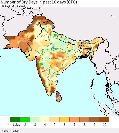 Southern Asia Maximum Consecutive Dry Days in past 10 days (CPC Precipitation) Thematic Map For 7/1/2022 - 7/5/2022