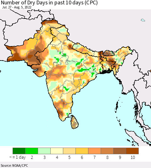 Southern Asia Maximum Consecutive Dry Days in past 10 days (CPC Precipitation) Thematic Map For 8/1/2022 - 8/5/2022