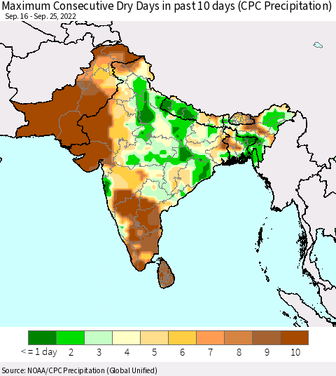Southern Asia Maximum Consecutive Dry Days in past 10 days (CPC Precipitation) Thematic Map For 9/21/2022 - 9/25/2022