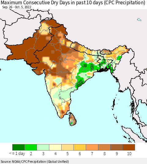 Southern Asia Maximum Consecutive Dry Days in past 10 days (CPC Precipitation) Thematic Map For 10/1/2022 - 10/5/2022