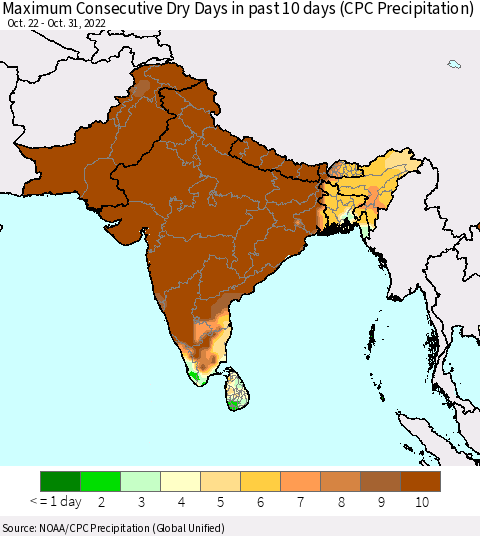 Southern Asia Maximum Consecutive Dry Days in past 10 days (CPC Precipitation) Thematic Map For 10/26/2022 - 10/31/2022
