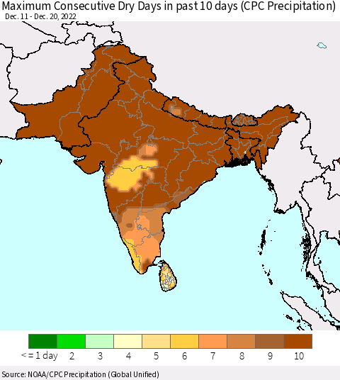 Southern Asia Maximum Consecutive Dry Days in past 10 days (CPC Precipitation) Thematic Map For 12/16/2022 - 12/20/2022