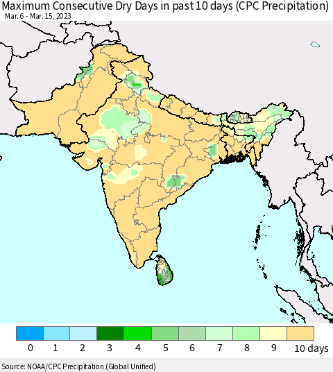 Southern Asia Maximum Consecutive Dry Days in past 10 days (CPC Precipitation) Thematic Map For 3/11/2023 - 3/15/2023
