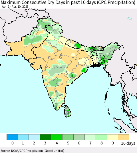 Southern Asia Maximum Consecutive Dry Days in past 10 days (CPC Precipitation) Thematic Map For 4/6/2023 - 4/10/2023