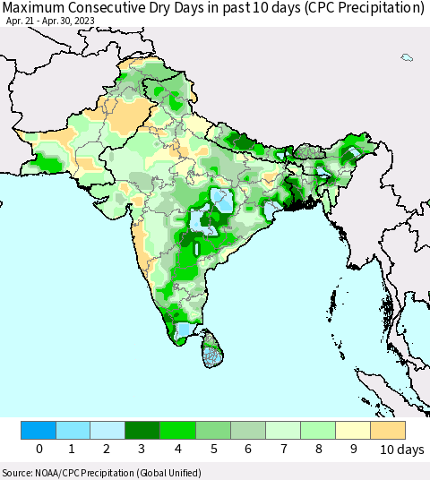 Southern Asia Maximum Consecutive Dry Days in past 10 days (CPC Precipitation) Thematic Map For 4/26/2023 - 4/30/2023