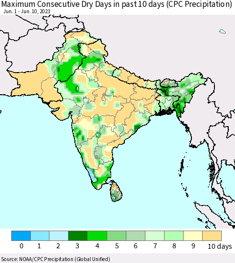 Southern Asia Maximum Consecutive Dry Days in past 10 days (CPC Precipitation) Thematic Map For 6/6/2023 - 6/10/2023