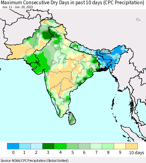 Southern Asia Maximum Consecutive Dry Days in past 10 days (CPC Precipitation) Thematic Map For 6/16/2023 - 6/20/2023