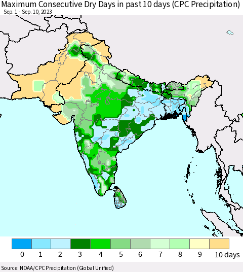 Southern Asia Maximum Consecutive Dry Days in past 10 days (CPC Precipitation) Thematic Map For 9/6/2023 - 9/10/2023