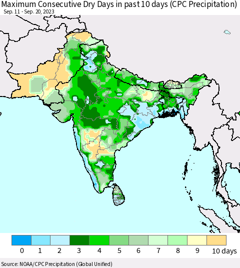 Southern Asia Maximum Consecutive Dry Days in past 10 days (CPC Precipitation) Thematic Map For 9/16/2023 - 9/20/2023