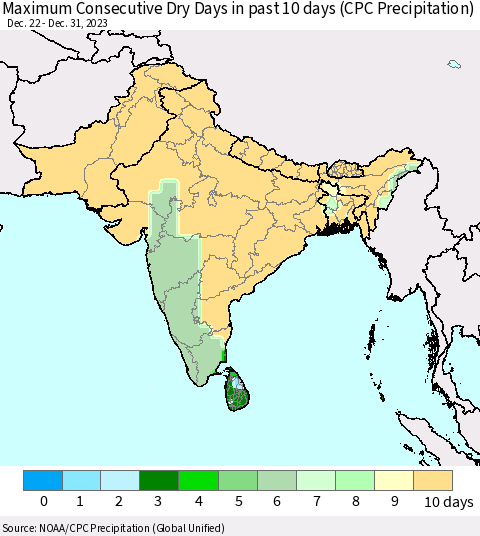 Southern Asia Maximum Consecutive Dry Days in past 10 days (CPC Precipitation) Thematic Map For 12/26/2023 - 12/31/2023