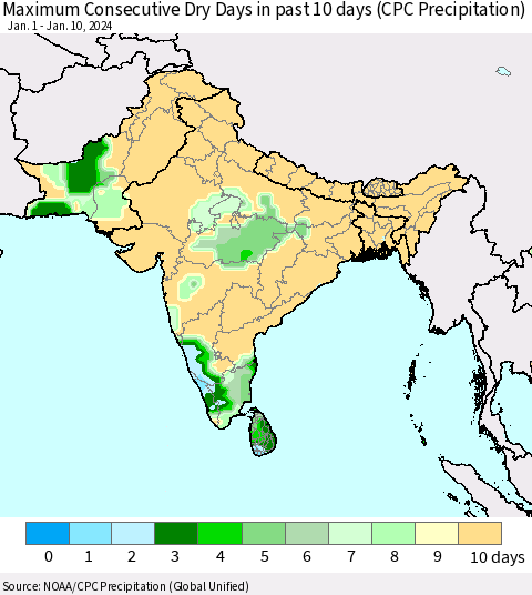 Southern Asia Maximum Consecutive Dry Days in past 10 days (CPC Precipitation) Thematic Map For 1/6/2024 - 1/10/2024