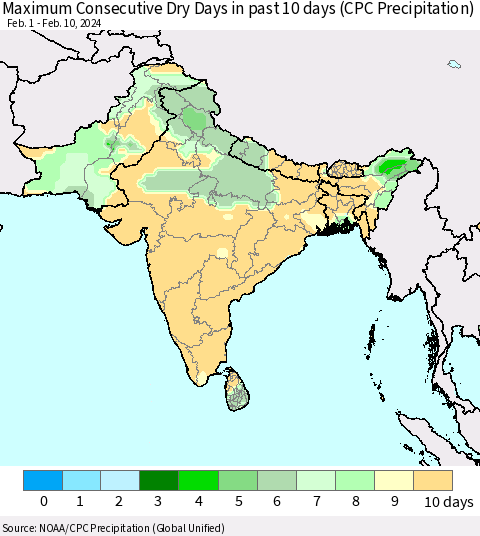 Southern Asia Maximum Consecutive Dry Days in past 10 days (CPC Precipitation) Thematic Map For 2/6/2024 - 2/10/2024