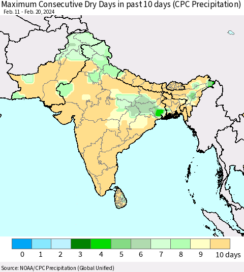 Southern Asia Maximum Consecutive Dry Days in past 10 days (CPC Precipitation) Thematic Map For 2/16/2024 - 2/20/2024
