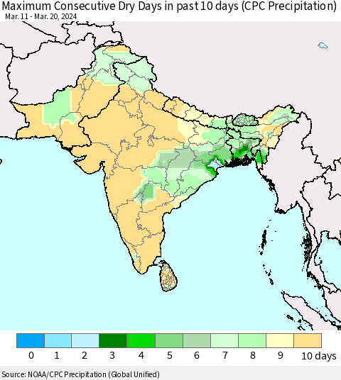 Southern Asia Maximum Consecutive Dry Days in past 10 days (CPC Precipitation) Thematic Map For 3/16/2024 - 3/20/2024