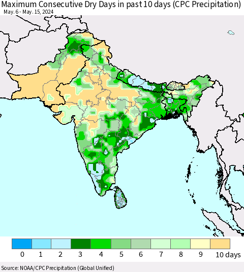 Southern Asia Maximum Consecutive Dry Days in past 10 days (CPC Precipitation) Thematic Map For 5/11/2024 - 5/15/2024