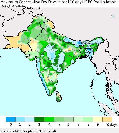 Southern Asia Maximum Consecutive Dry Days in past 10 days (CPC Precipitation) Thematic Map For 6/21/2024 - 6/25/2024