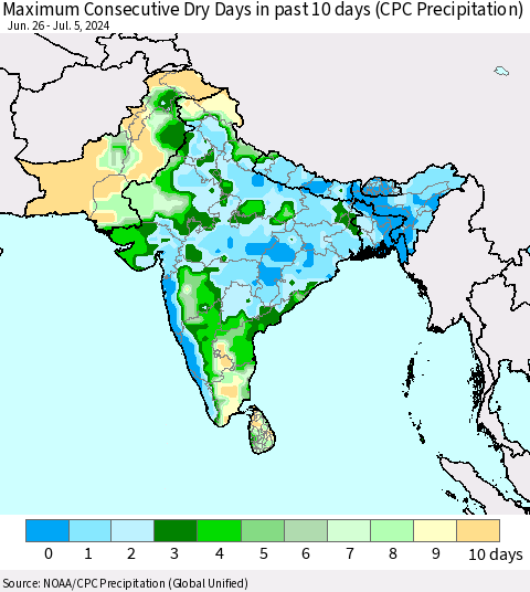 Southern Asia Maximum Consecutive Dry Days in past 10 days (CPC Precipitation) Thematic Map For 7/1/2024 - 7/5/2024