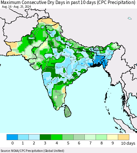 Southern Asia Maximum Consecutive Dry Days in past 10 days (CPC Precipitation) Thematic Map For 8/21/2024 - 8/25/2024