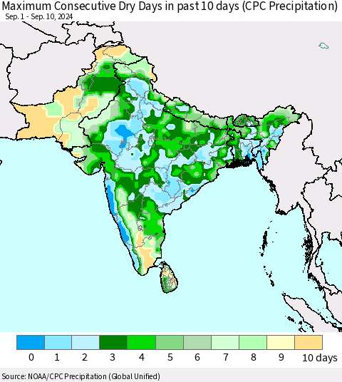 Southern Asia Maximum Consecutive Dry Days in past 10 days (CPC Precipitation) Thematic Map For 9/6/2024 - 9/10/2024