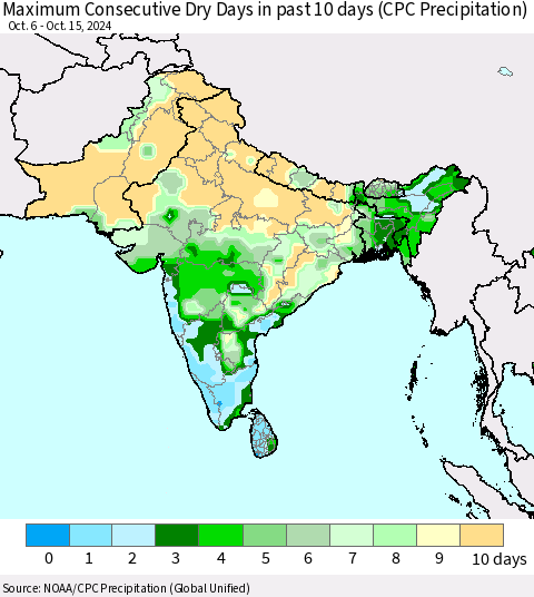 Southern Asia Maximum Consecutive Dry Days in past 10 days (CPC Precipitation) Thematic Map For 10/11/2024 - 10/15/2024