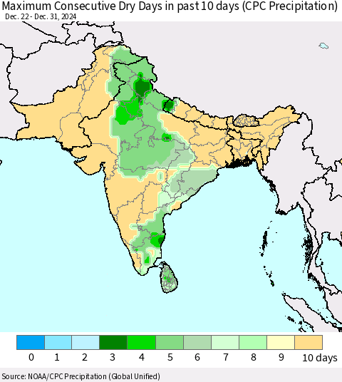 Southern Asia Maximum Consecutive Dry Days in past 10 days (CPC Precipitation) Thematic Map For 12/26/2024 - 12/31/2024
