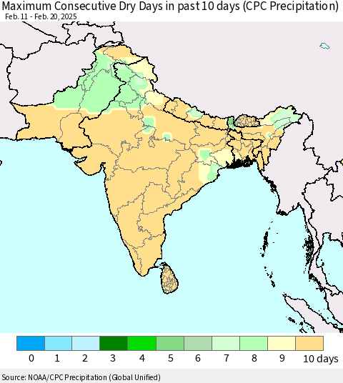 Southern Asia Maximum Consecutive Dry Days in past 10 days (CPC Precipitation) Thematic Map For 2/16/2025 - 2/20/2025