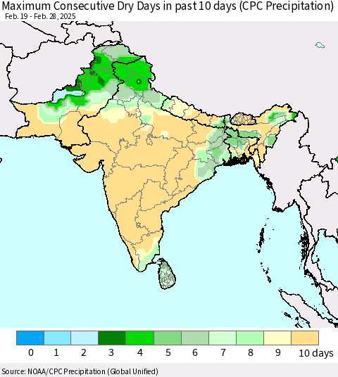 Southern Asia Maximum Consecutive Dry Days in past 10 days (CPC Precipitation) Thematic Map For 2/26/2025 - 2/28/2025