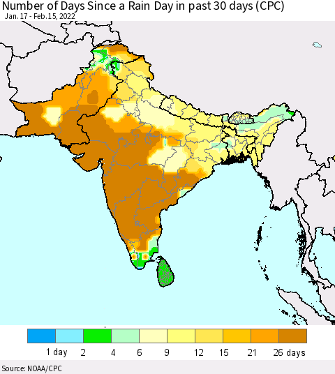 Southern Asia Number of Days Since a Rain Day in past 30 days (CPC) Thematic Map For 2/11/2022 - 2/15/2022