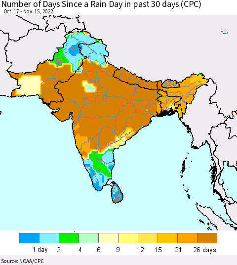 Southern Asia Number of Days Since a Rain Day in past 30 days (CPC) Thematic Map For 11/11/2022 - 11/15/2022