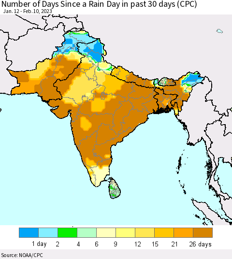 Southern Asia Number of Days Since a Rain Day in past 30 days (CPC) Thematic Map For 2/6/2023 - 2/10/2023