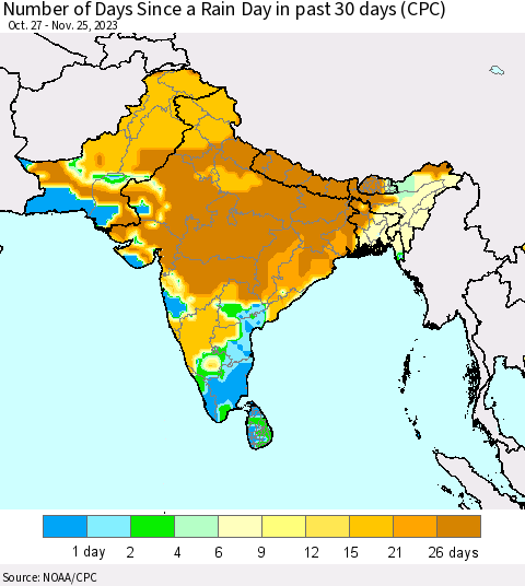 Southern Asia Number of Days Since a Rain Day in past 30 days (CPC) Thematic Map For 11/21/2023 - 11/25/2023