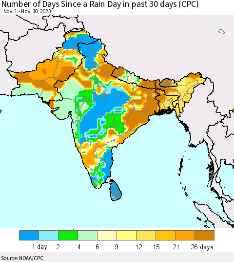 Southern Asia Number of Days Since a Rain Day in past 30 days (CPC) Thematic Map For 11/26/2023 - 11/30/2023