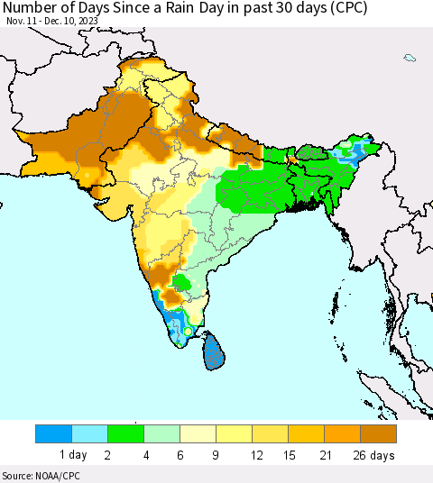 Southern Asia Number of Days Since a Rain Day in past 30 days (CPC) Thematic Map For 12/6/2023 - 12/10/2023