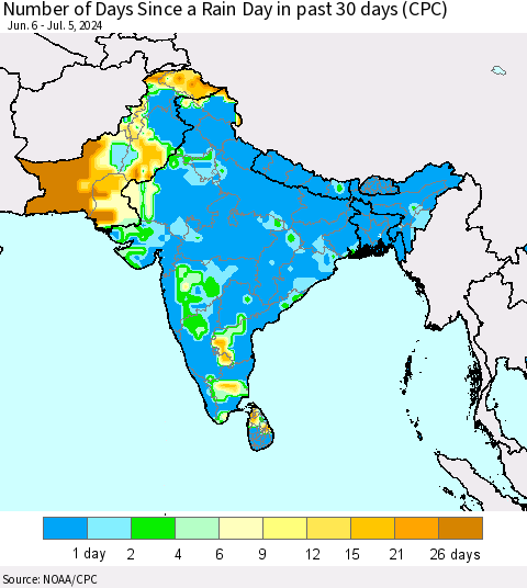 Southern Asia Number of Days Since a Rain Day in past 30 days (CPC) Thematic Map For 7/1/2024 - 7/5/2024