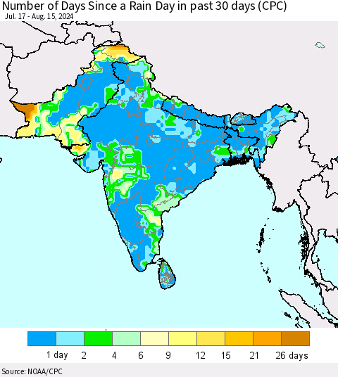Southern Asia Number of Days Since a Rain Day in past 30 days (CPC) Thematic Map For 8/11/2024 - 8/15/2024